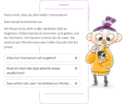 Eine Illustration mit einer Frau, einem Smartphone und einem Chat-Verlauf.