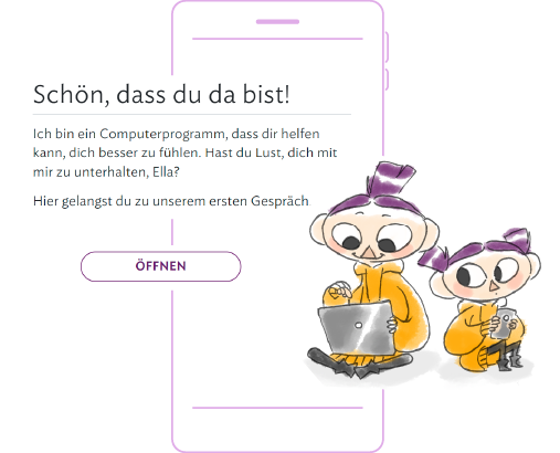 Eine Illustration mit zwei Frauen, einem Laptop und einem Smartphone.